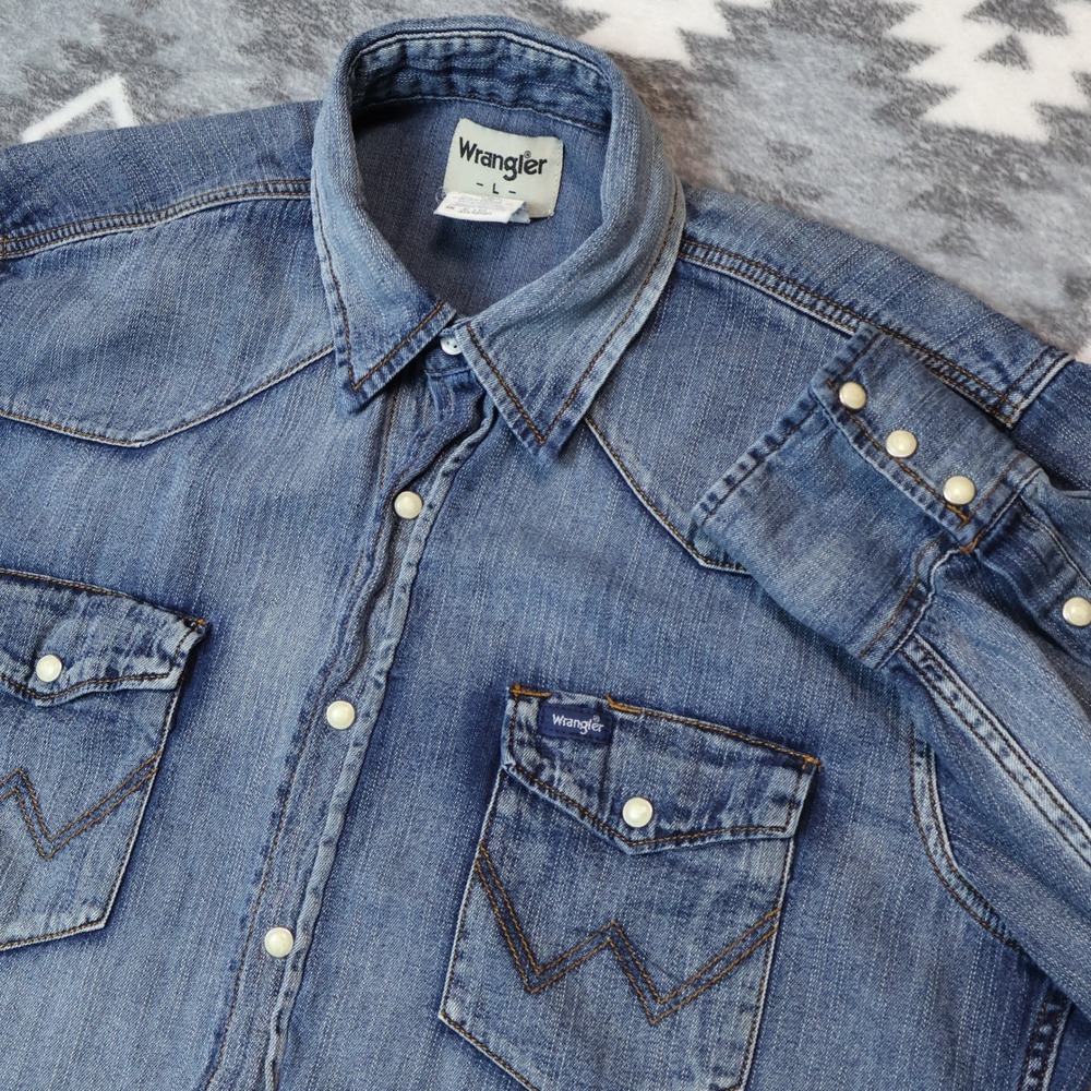 Wrangler Mens Western Denim Pearl Snap Shirt Blue L MS1039W